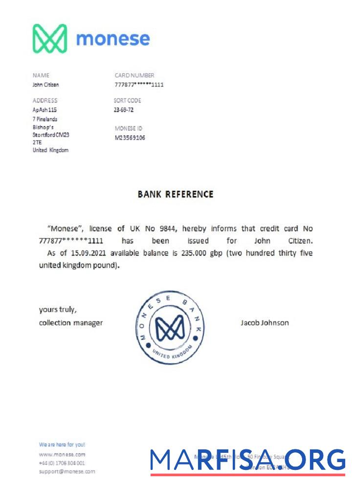 Blank United Kingdom Monese reference example